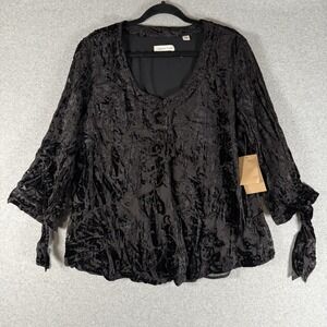 Coldwater creek blouse womens XL 18 black velvet velour tie cuff shirt top